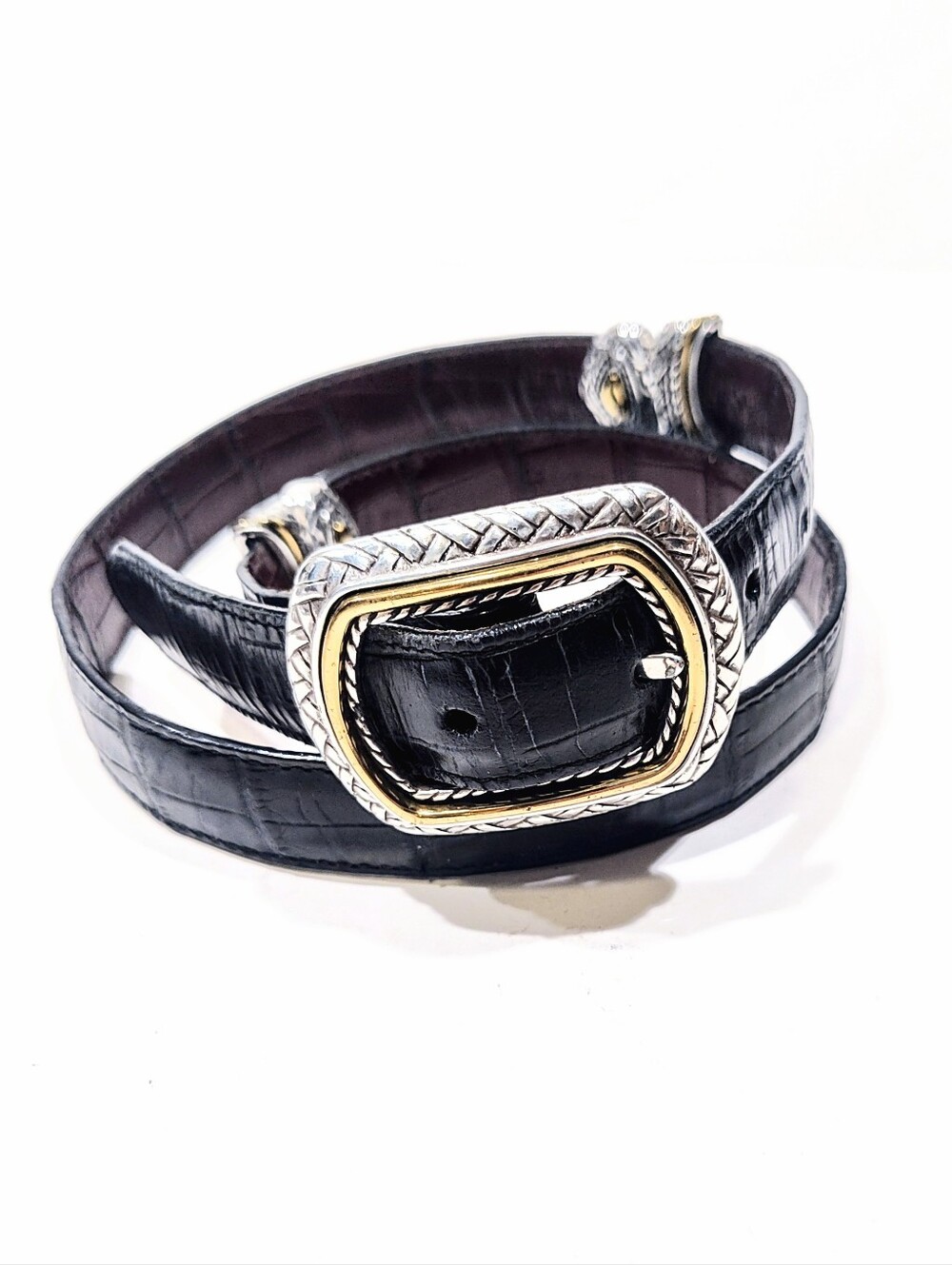 Reversible Leather Belt Black Brown Croc Embossed Two Tone Silver Gold Buckle 30